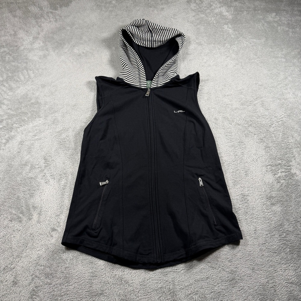 Lauren Ralph Lauren Hooded Vest Women Small Black Striped Lining Full Zip Golf